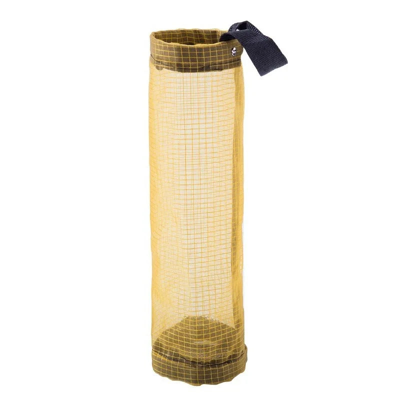 A yellow mesh bag dispenser with a dark gray fabric loop, designed for wall mounting.