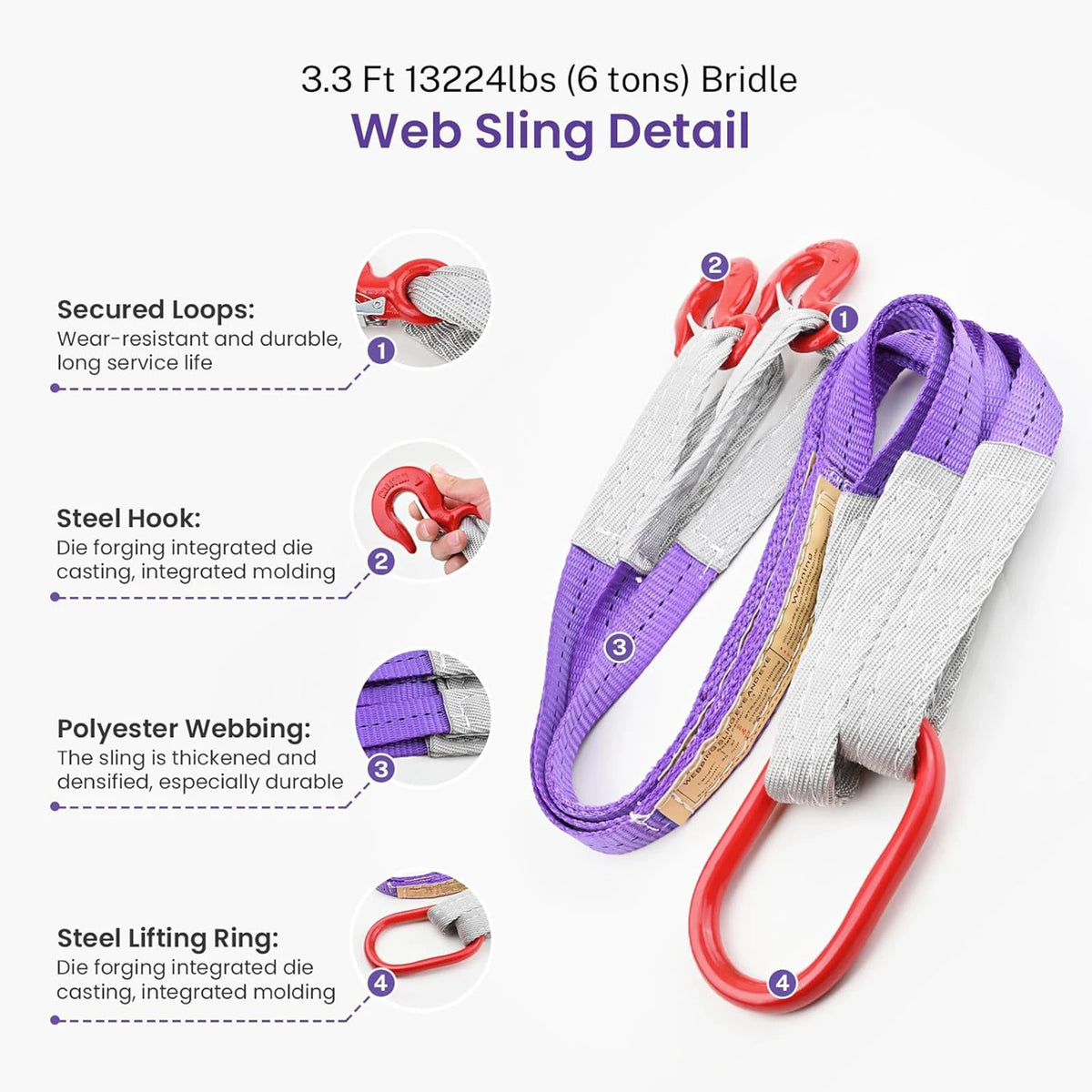 Detail view of a 3.3 Ft 13224lbs bridle web sling showing secured loops, steel hooks, and a steel lifting ring.