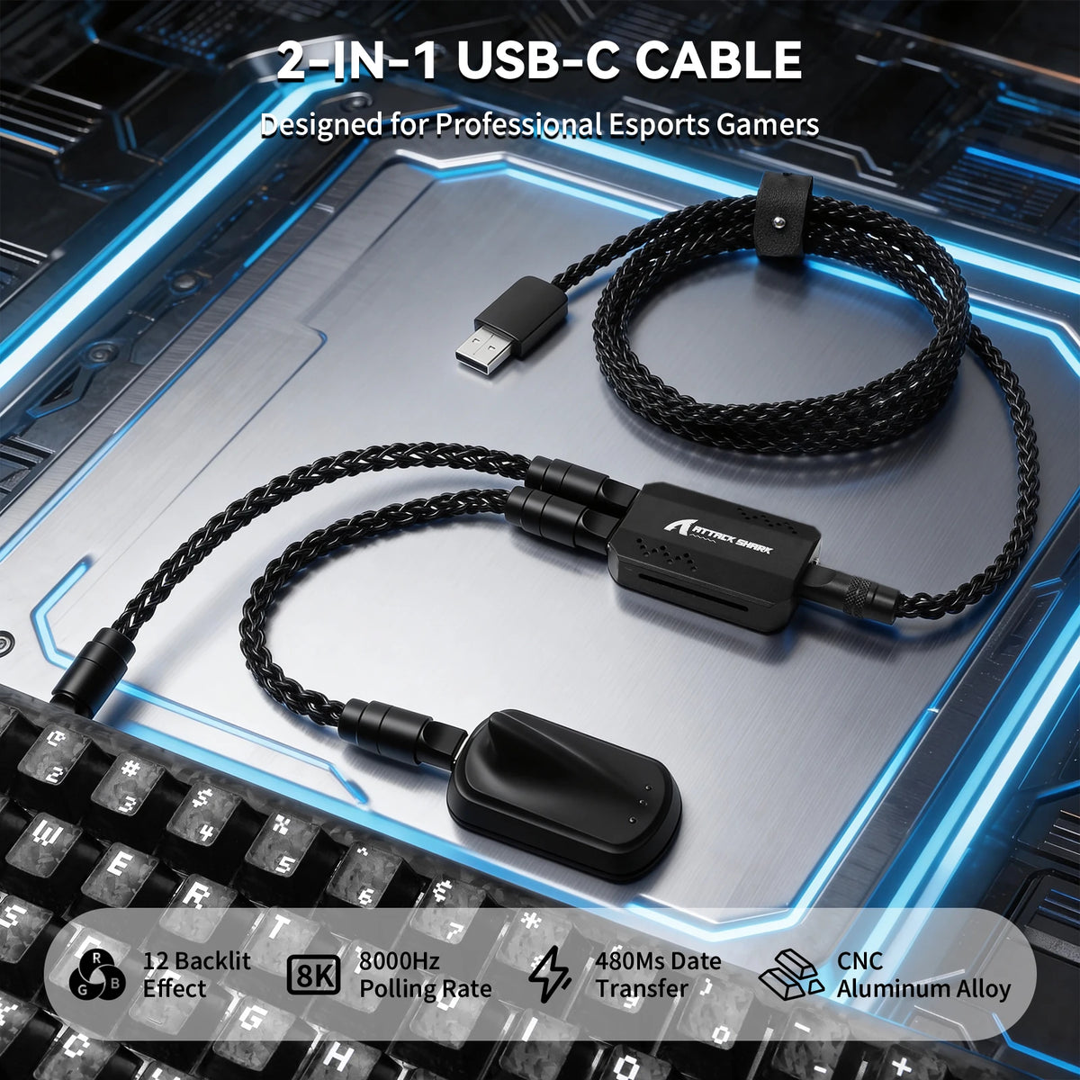 2-in-1 USB-C Gaming Keyboard Cable with RGB Lighting