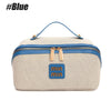 Beige Reise-Make-up-Organizer-Tasche mit blauen Akzenten und Henkel.