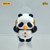 A white and black panda figure blind box with orange nose and yellow paws.