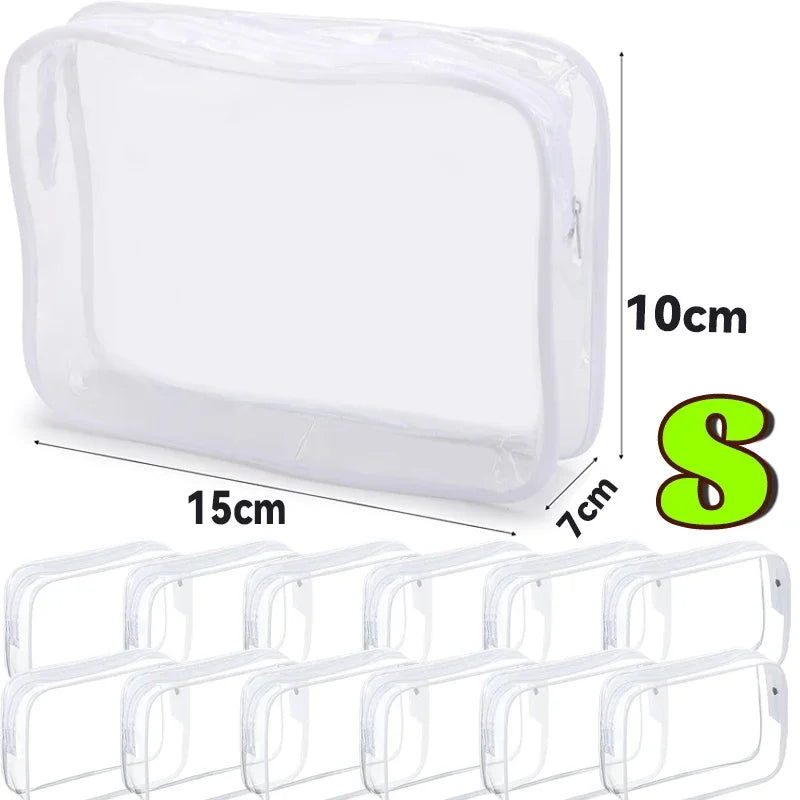 Clear PVC travel makeup and toiletry organizer bag with a zipper and multiple compartments