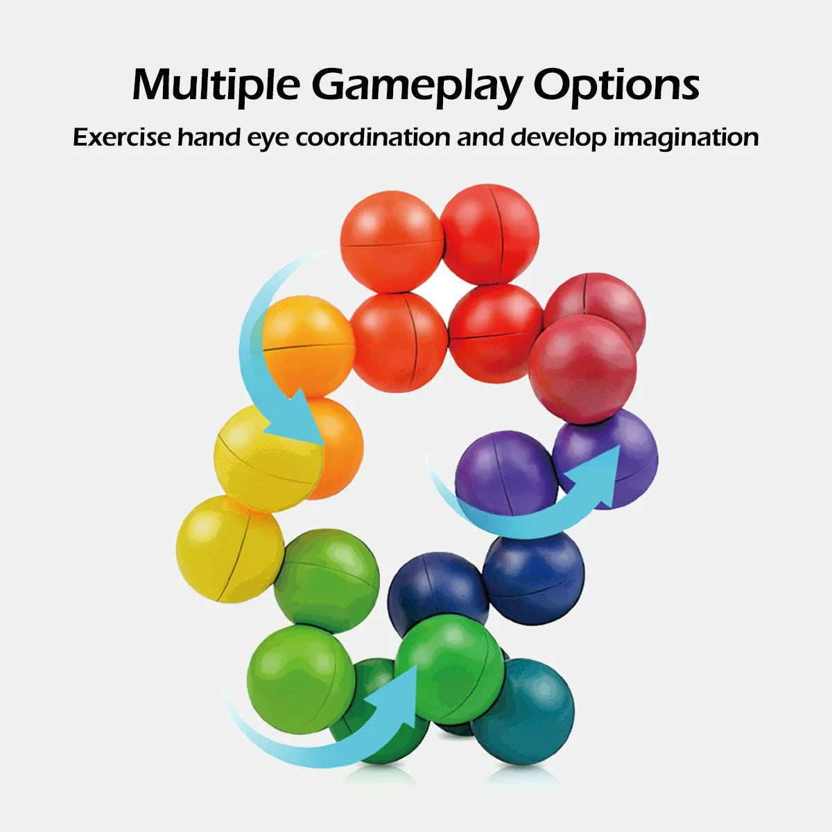 A collection of colorful 3D rotating fidget balls in various shades of red, yellow, green, and purple arranged in a circular 
