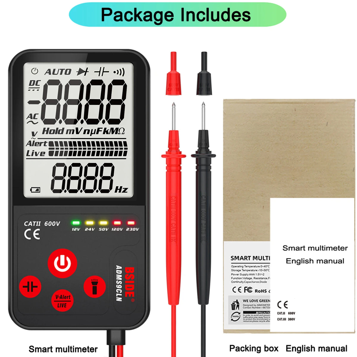 A black digital multimeter with an auto function display and various test leads is shown next to its packaging box.