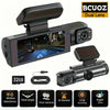 A black dual-lens dashcam is shown with its main unit and a separate camera module, highlighting features like motion detecti