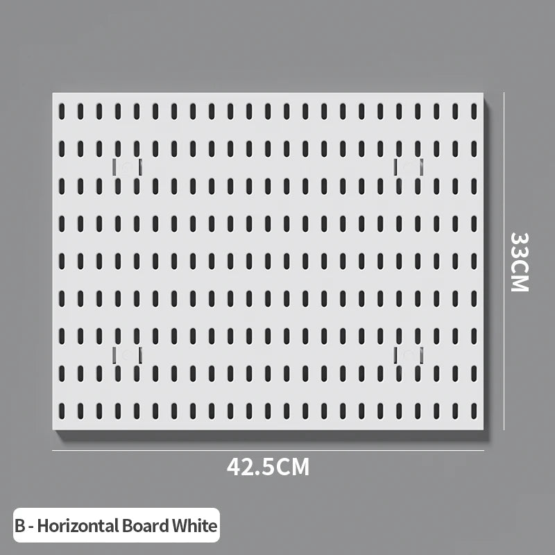 A white horizontal board pegboard organizer with numerous evenly spaced holes for hanging items.