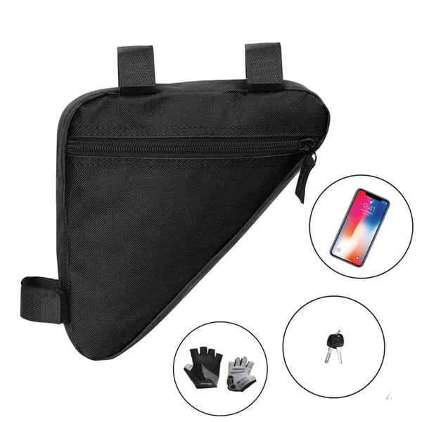 Black waterproof bicycle frame triangle bag with secure straps and accessory storage.