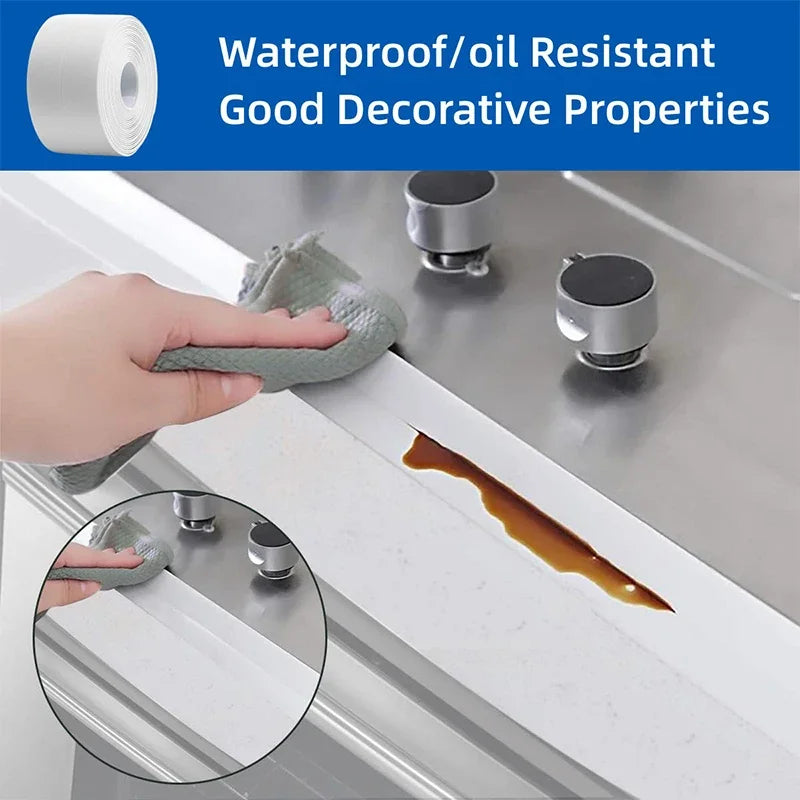 Roll of waterproof/oil resistant sealing tape being applied to a countertop surface.