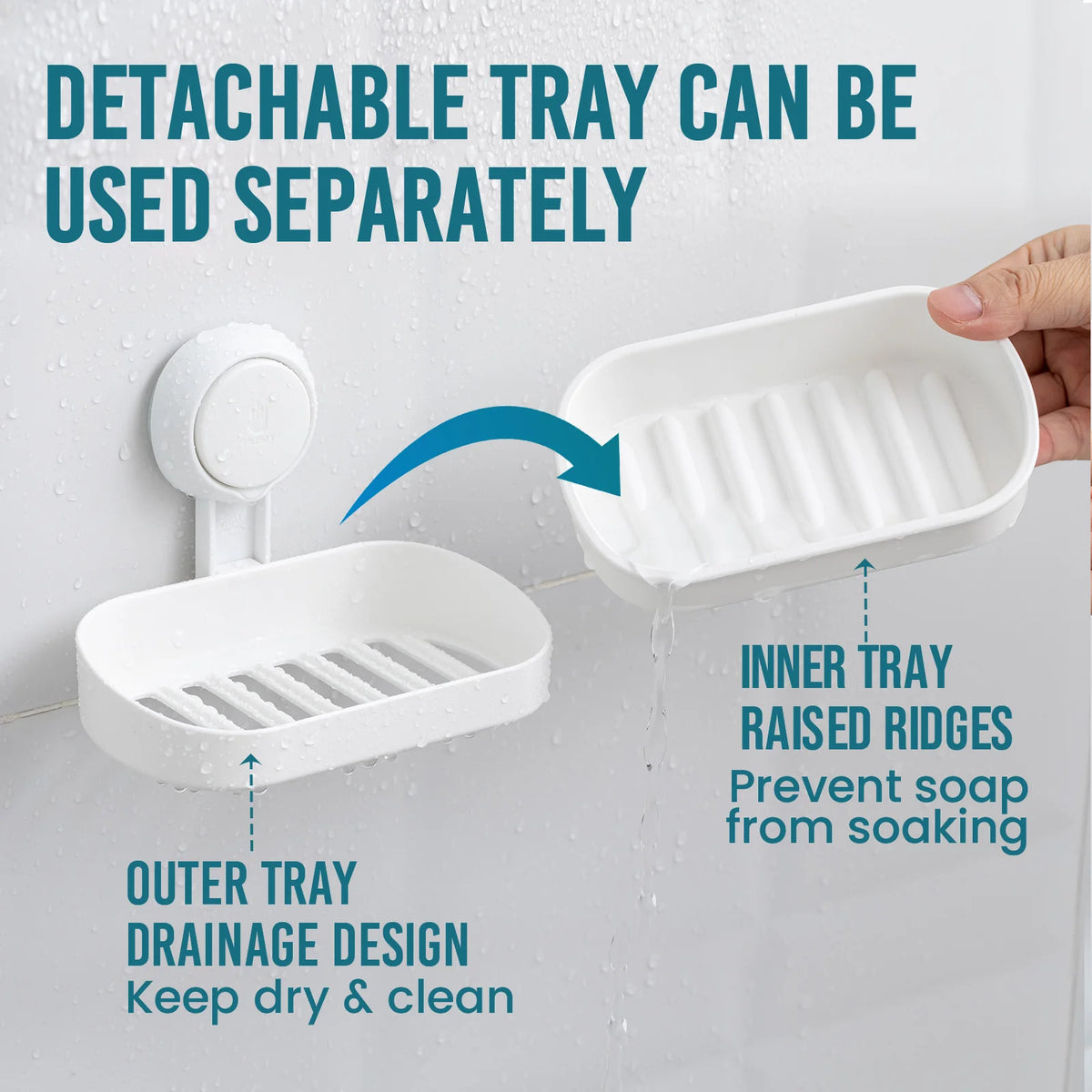 A white detachable tray soap dish is shown being used separately, highlighting its raised ridges and drainage design.