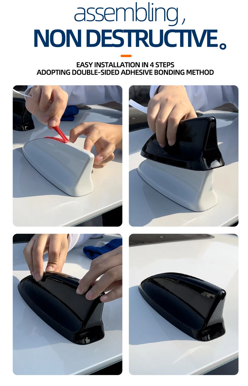 Step-by-step instructions showing how to install a double-sided adhesive bonding method for a sleek shark fin antenna cover.