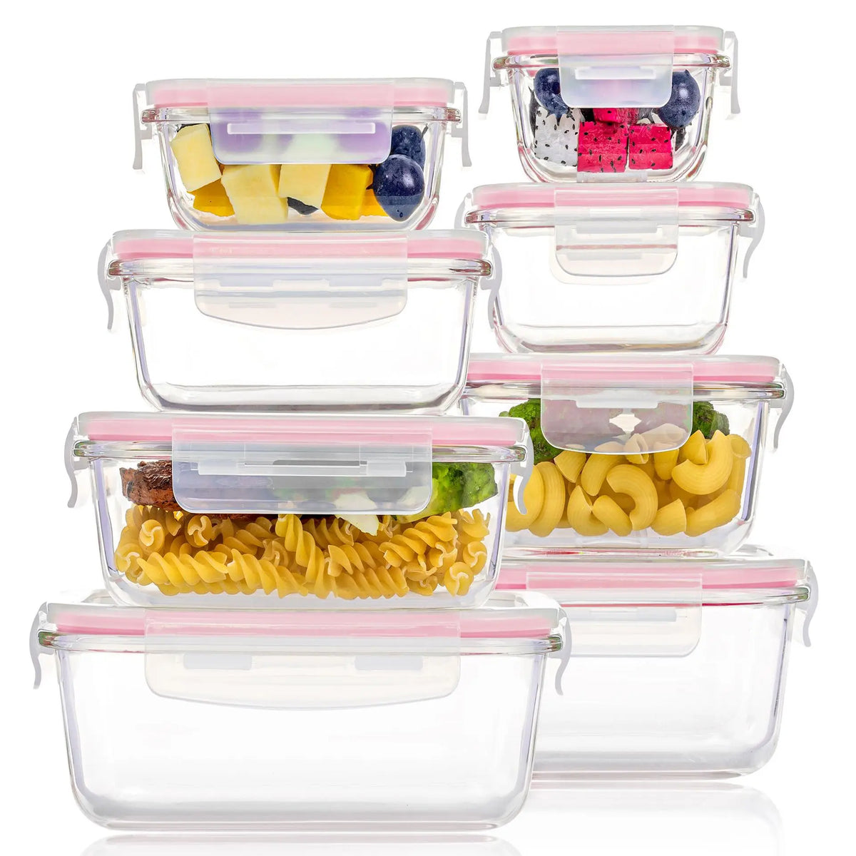 A set of eight clear borosilicate glass food storage containers with pink lids, filled with various foods.