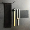 A black fabric pouch holds a tuning fork set with a wooden activator and a metal tuning fork.