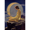 A painting titled The Moon Maiden depicting a woman in a flowing gown gazing toward a large full moon against a dark night sk