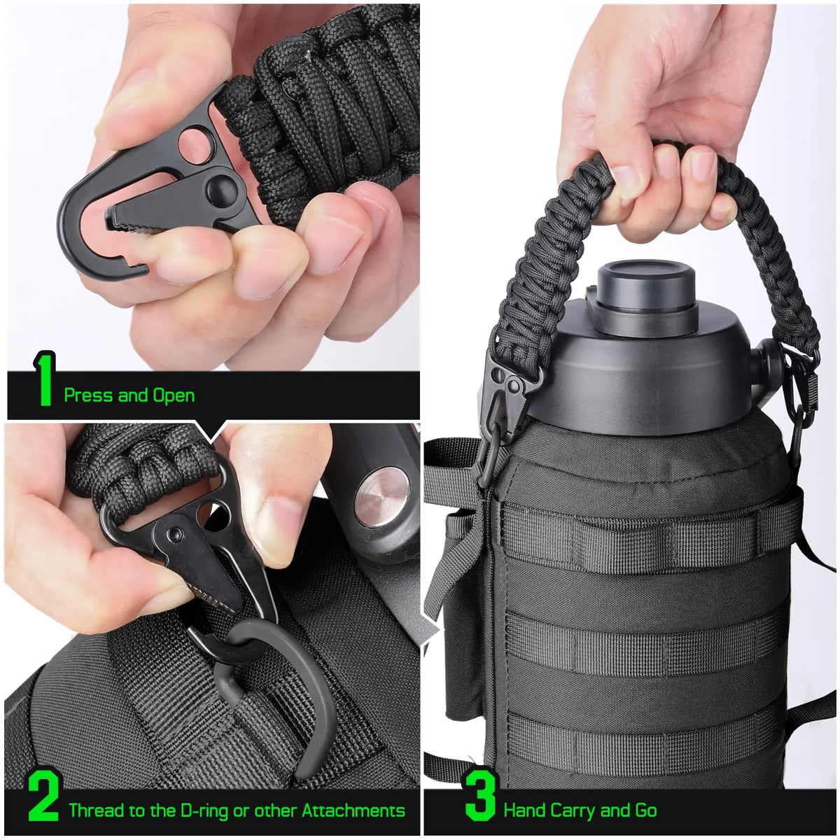 Instructions showing how to attach a durable paracord handle with a metal hook to tactical bags and backpacks.