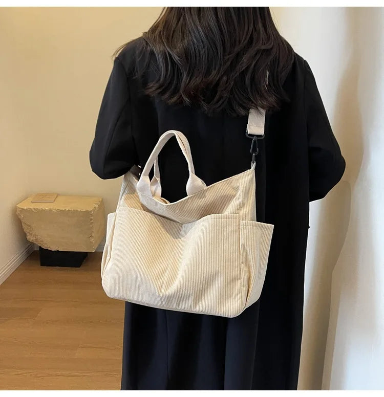 Multi-Pocket Corduroy Tote Bag – Large Capacity Casual Satchel for Travel, Work & Commute