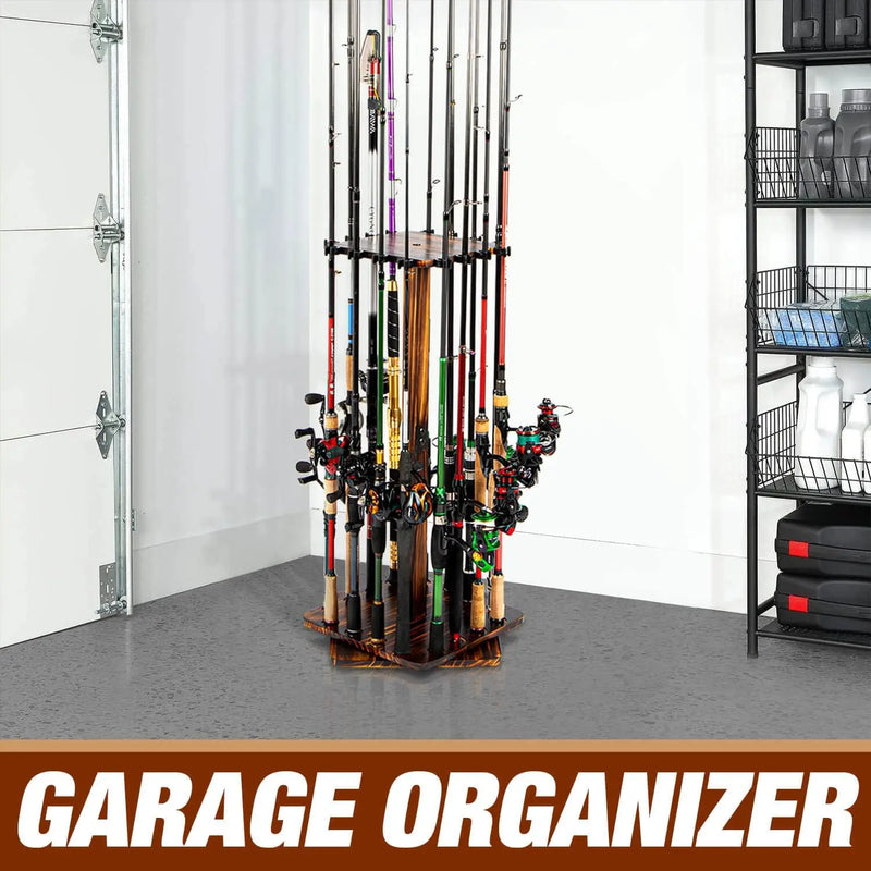 360° Rotating Fishing Rod Rack - Floor Stand Holds Up to 16 Rods