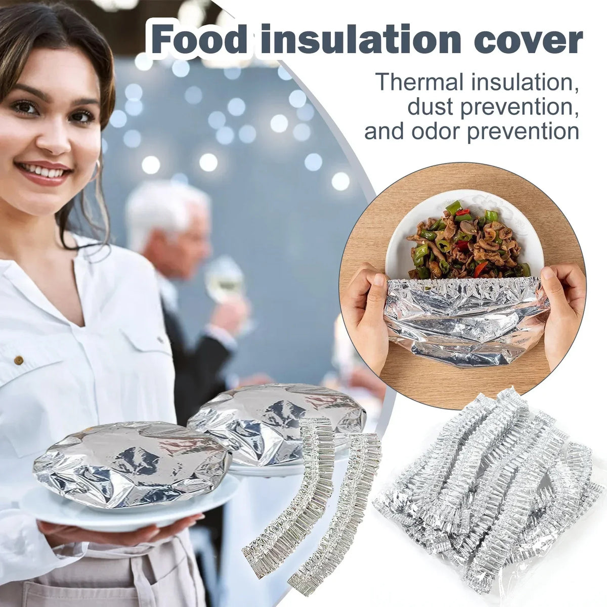 Reusable aluminum foil bowl covers protecting food from thermal insulation, dust, and odor.