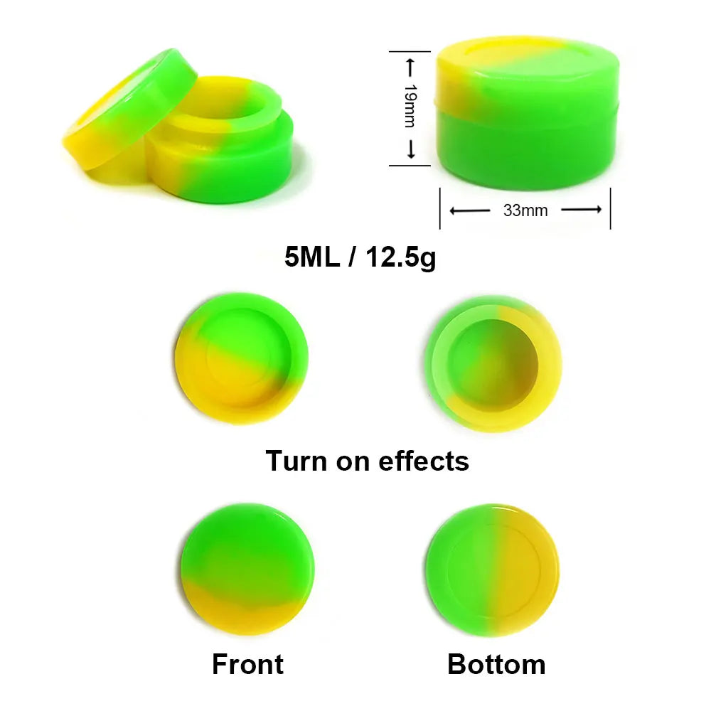 A flexible silicone travel jar in lime green and yellow, showing the top, front, and bottom views.
