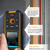 A hand holds a multi-function wall scanner device demonstrating three detection modes: wooden, cable, and metal detection.