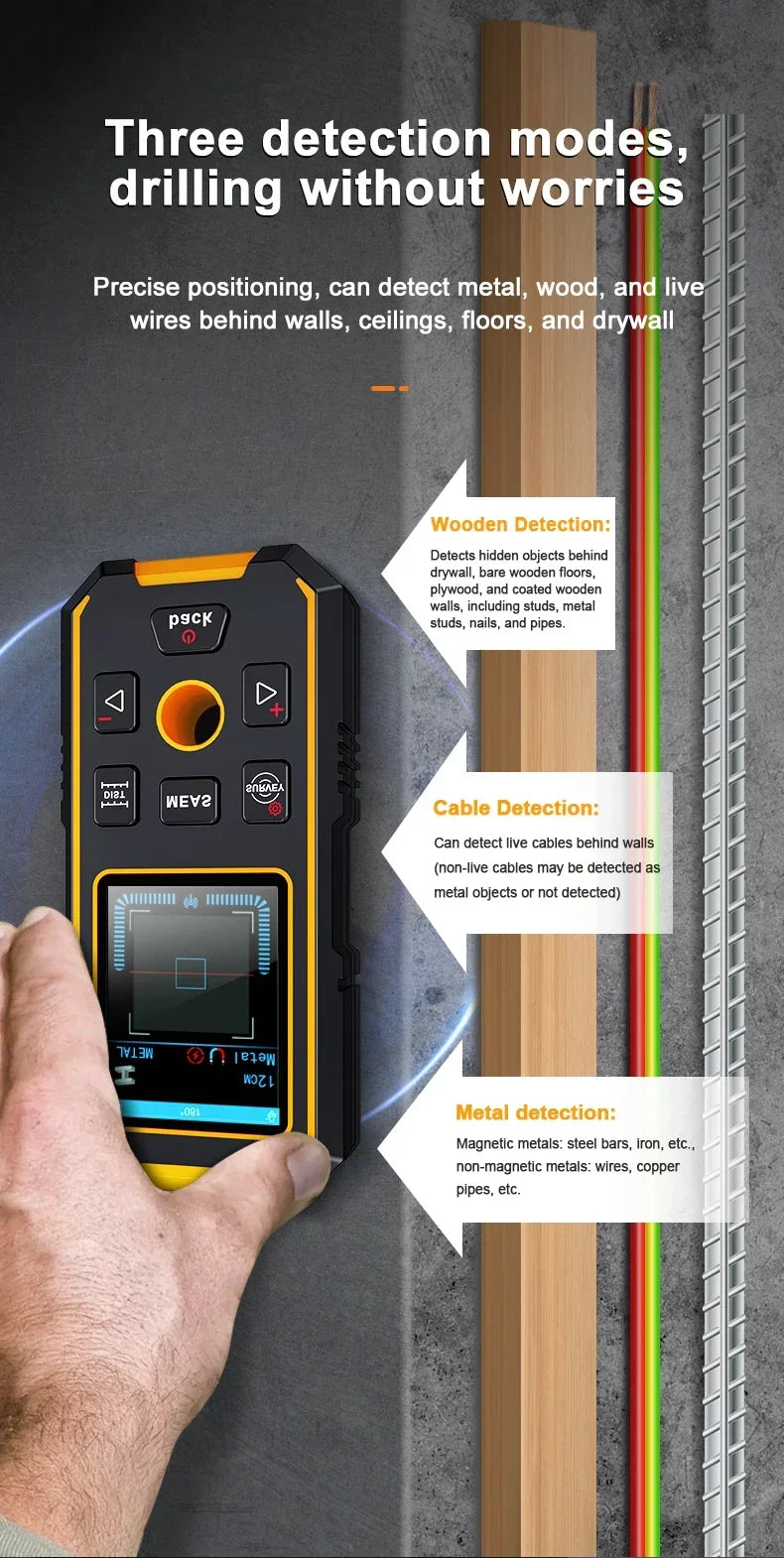 A hand holds a multi-function wall scanner device demonstrating three detection modes: wooden, cable, and metal detection.