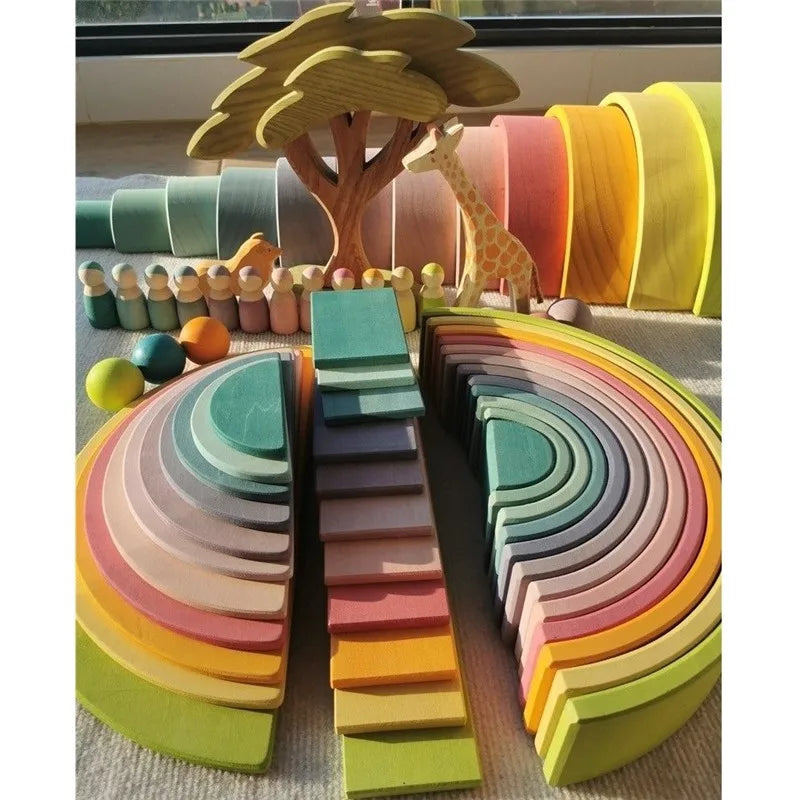 Rainbow Stacking Blocks & Peg Dolls Set – Natural Wooden Toy