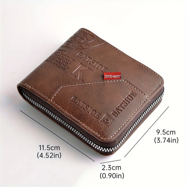 A brown leather compact zip-around wallet featuring a prominent K logo and coin pocket.