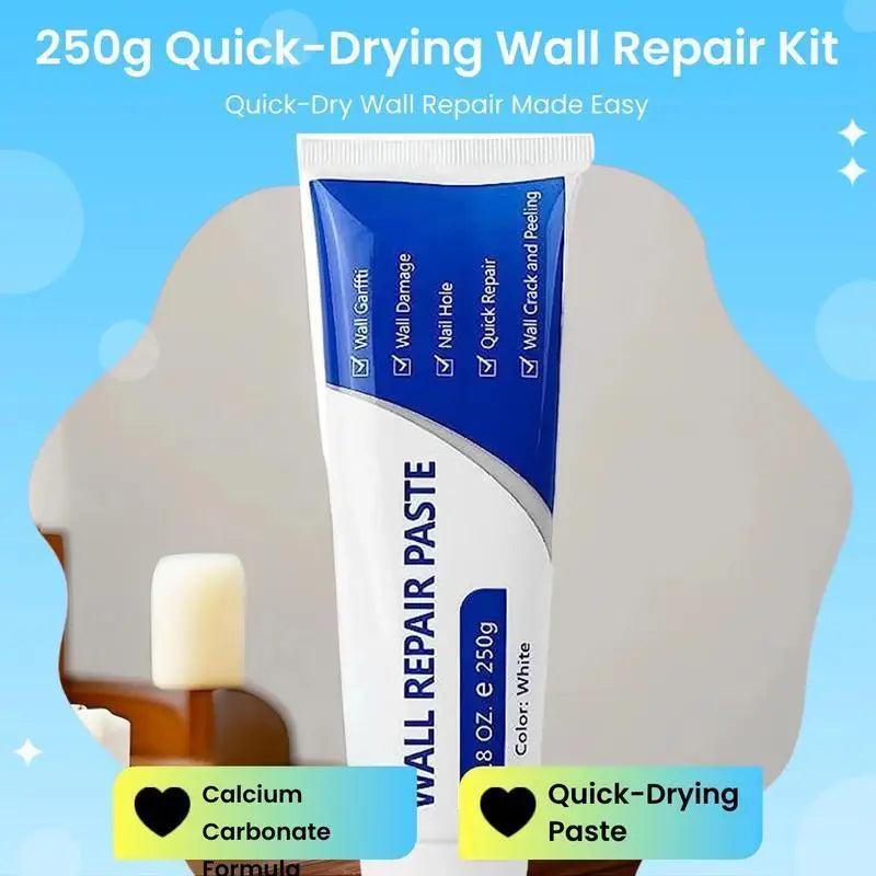 A tube of white quick-drying wall repair paste is shown next to a block of white calcium carbonate and a piece of sandpaper.