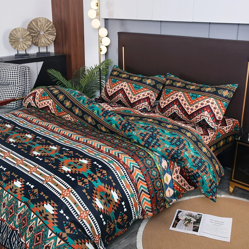 Boho striped geometric duvet cover set featuring earthy tones and intricate patterns