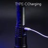 A black rechargeable LED flashlight with Type-C charging capability is shown, highlighting its design and charging port.