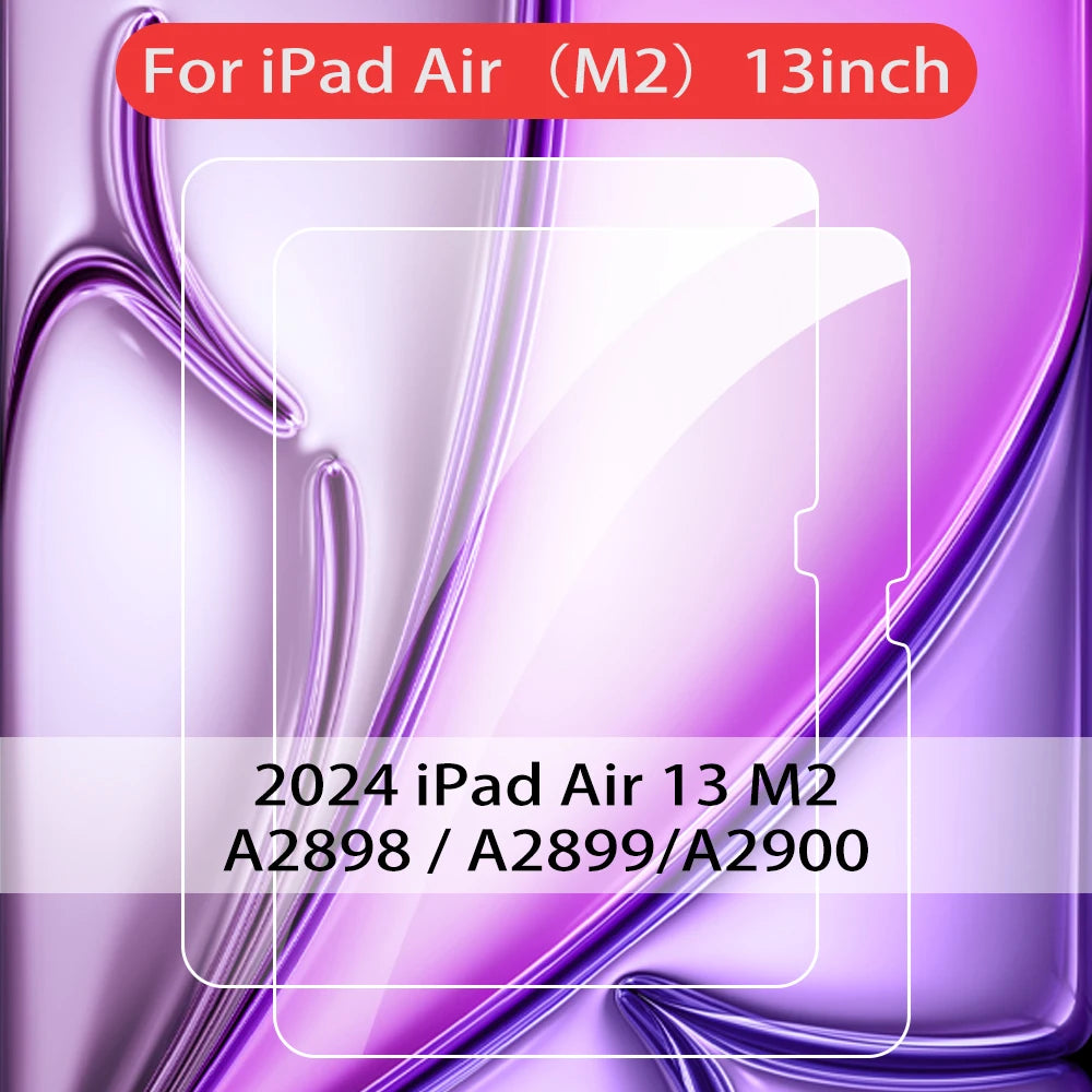 A clear screen protector for a 2024 iPad Air M2 model displayed against a purple background.