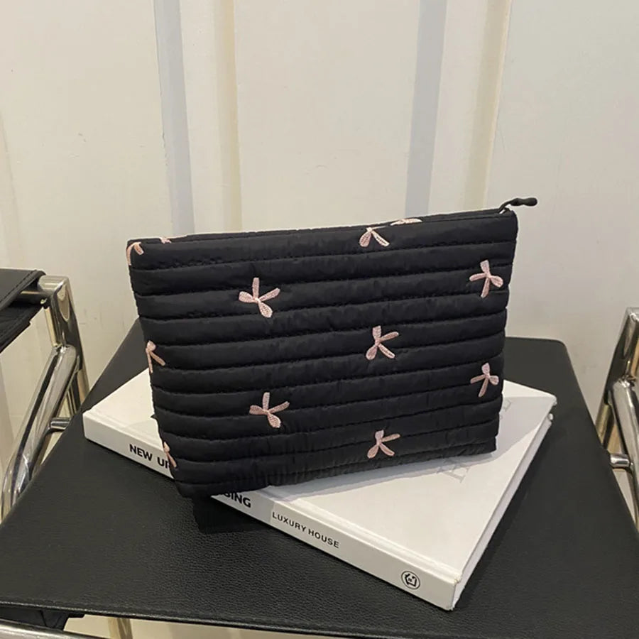 Embroidered Bow Makeup Bag with Large Capacity