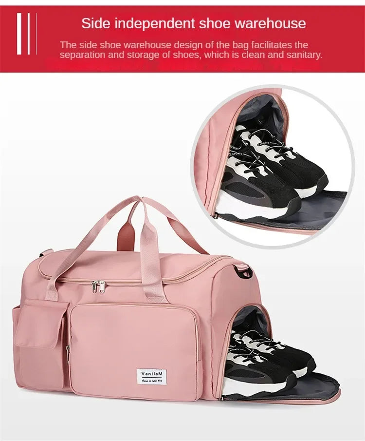 Pink travel duffel bag with a side independent shoe warehouse design showing separated shoes inside.