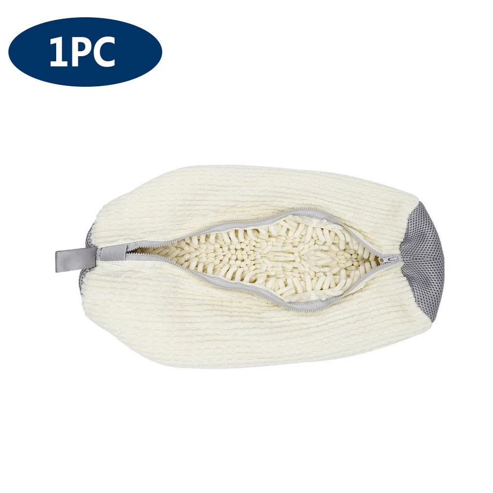 A white reusable mesh laundry bag for shoes, shown flat with a gray drawstring closure.
