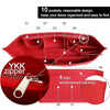 A red felt tote bag organizer insert showing 10 pockets and reinforced stitching details.