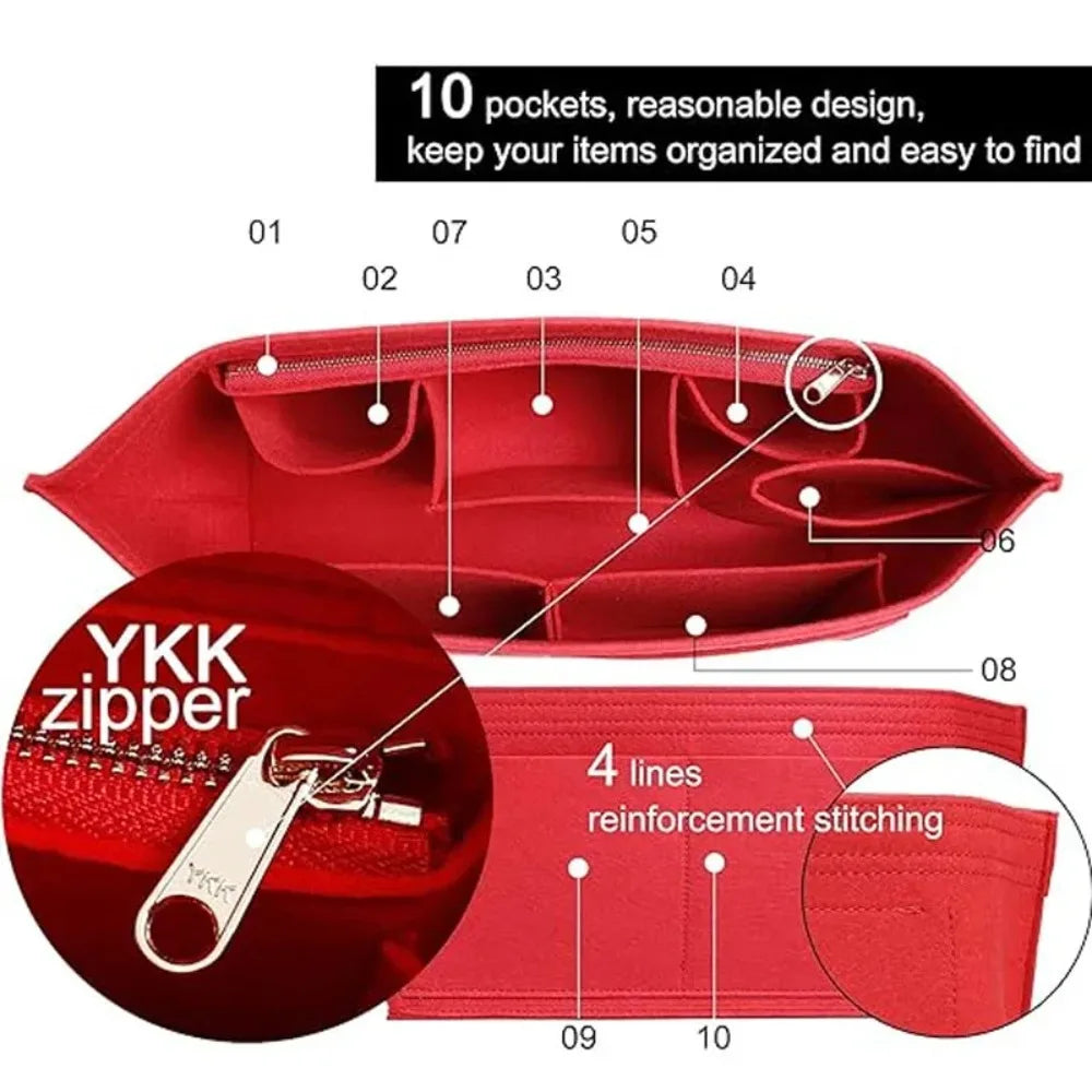 A red felt tote bag organizer insert showing 10 pockets and reinforced stitching details.