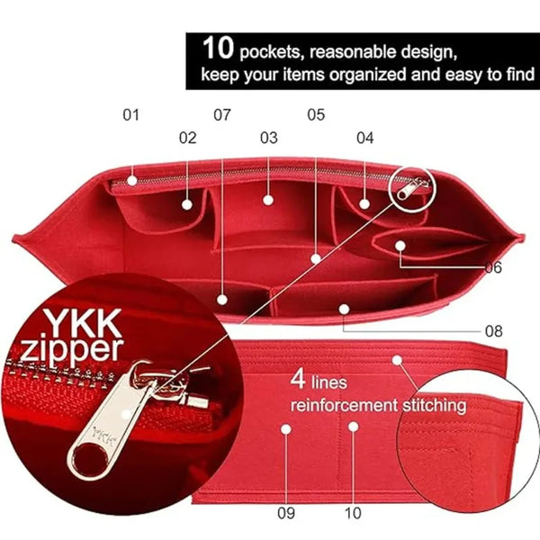 A red felt tote bag organizer insert showing 10 pockets and reinforced stitching details.