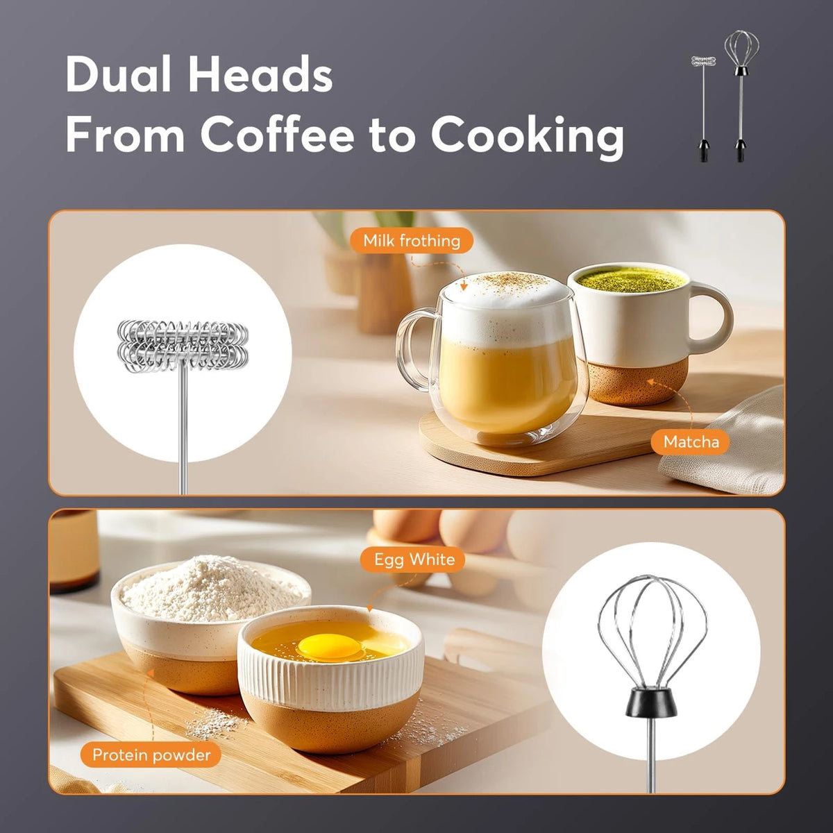 A set of dual-headed handheld milk frothers used for making lattes, matcha, and whipping egg whites.