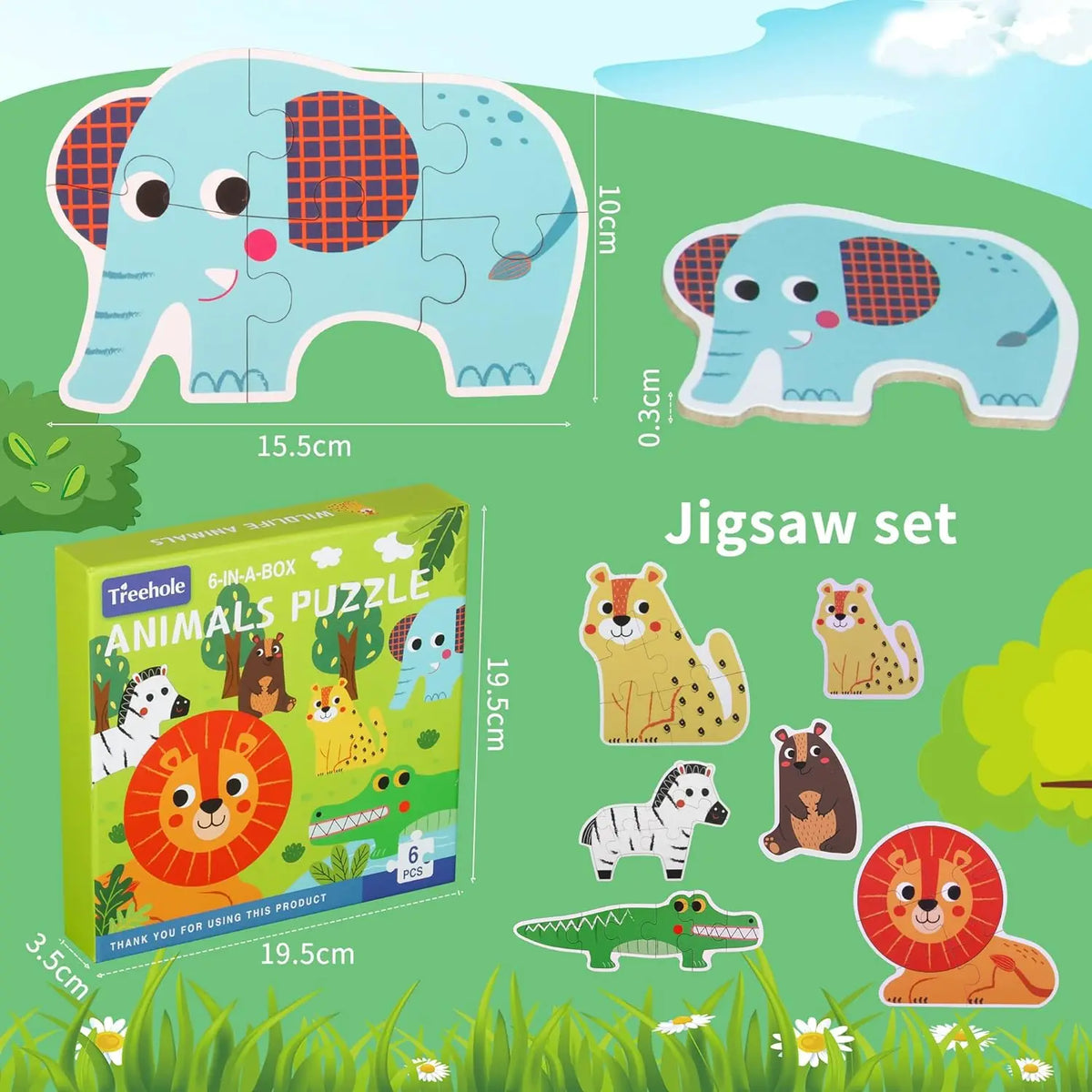 Wooden Animal Jigsaw Puzzles for Toddlers – Set of 6