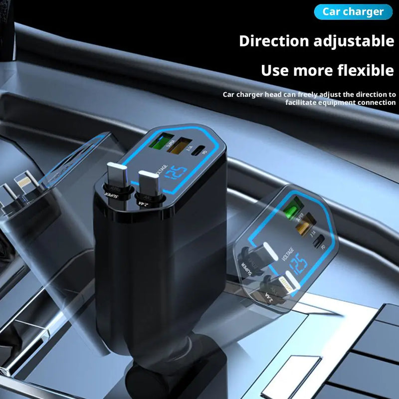 Retractable 120W Car Charger with Built-in Cables