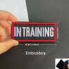 A hand holds an embroidered patch with the text IN TRAINING on a black background with red stitching and size measurements.