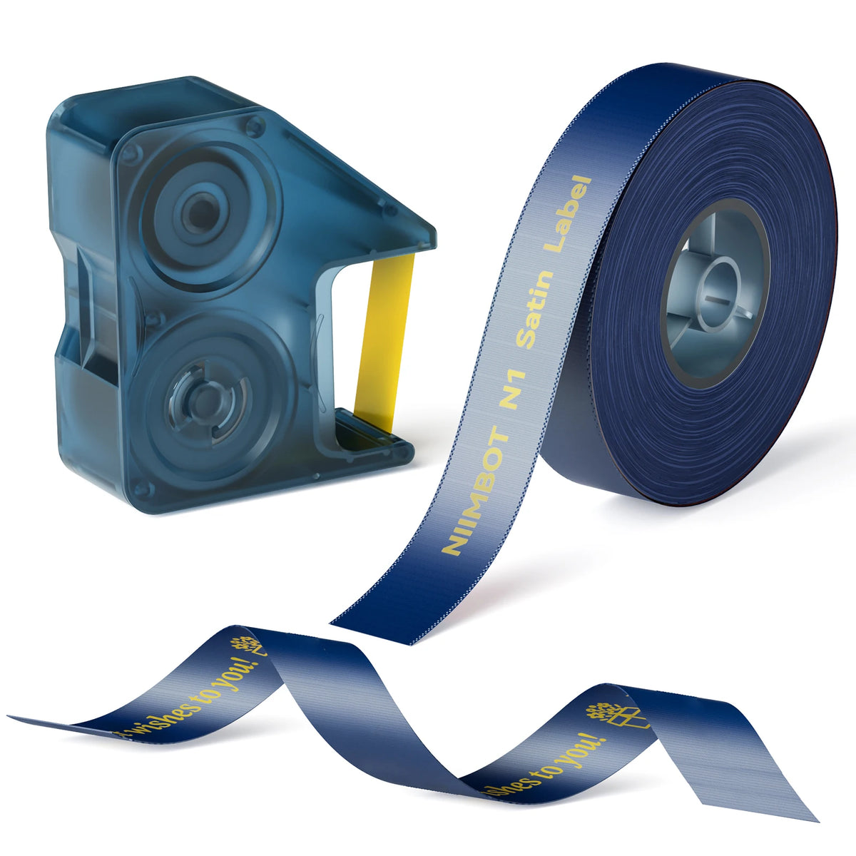 Roll of dark blue satin ribbon labels for a Niimbot N1 label printer