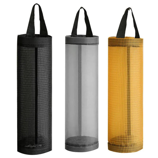 Wall-mounted plastic bag dispenser organizer in black and yellow colors