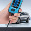 A blue automotive fuse current tester device shown in various views and with a hand for scale.
