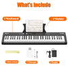 A digital piano includes a keyboard, holder, note stickers, charger, and pedal.