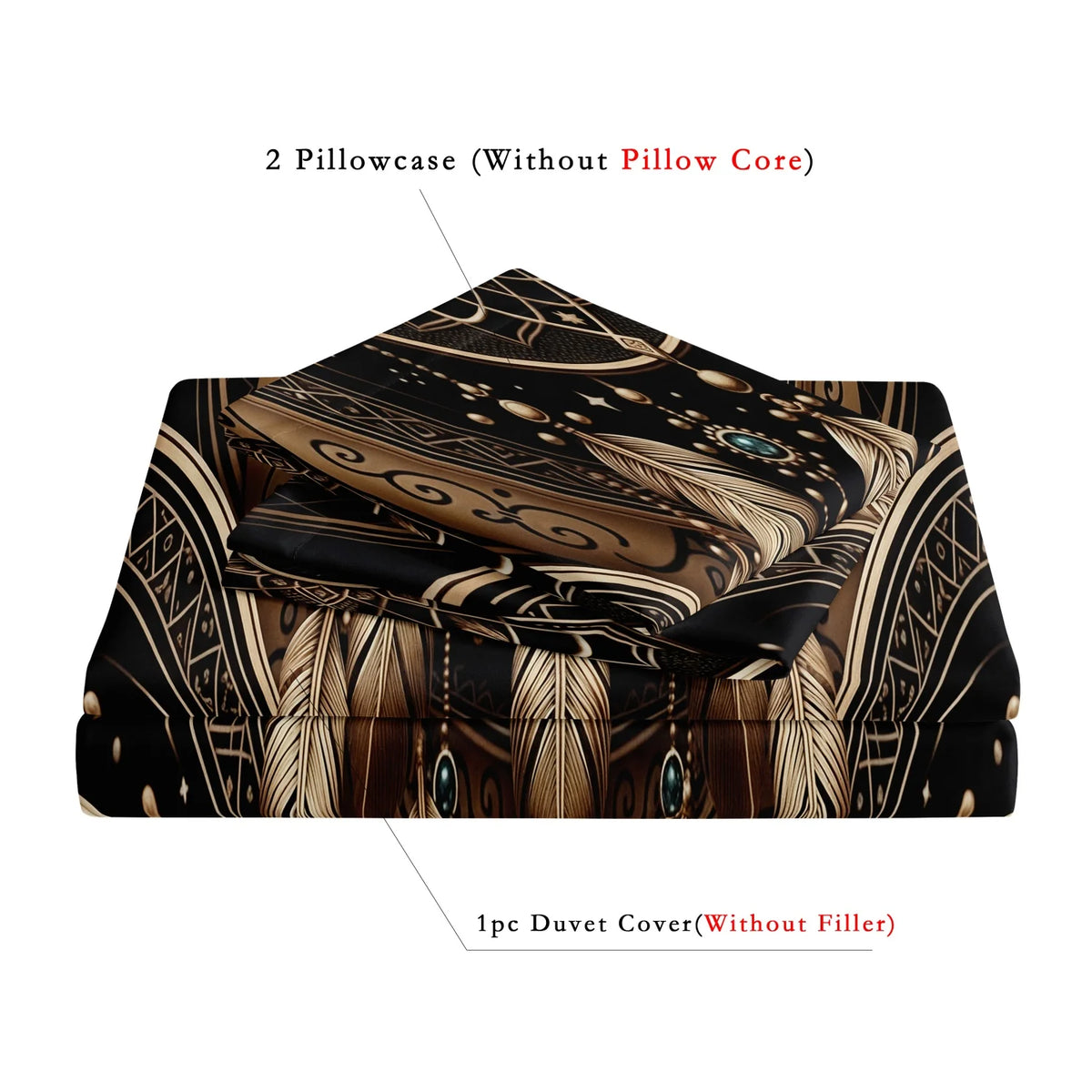 A set of two pillowcases and one duvet cover featuring a black and gold tribal pattern.