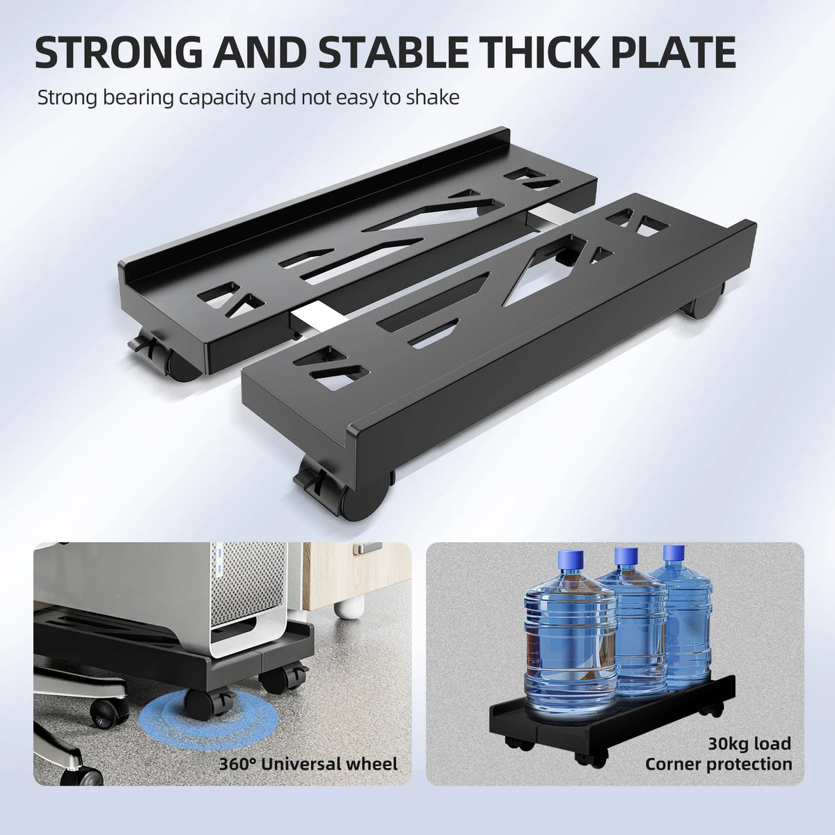A black strong and stable thick plate product with mounting slots and 360 universal wheels for under-desk use.