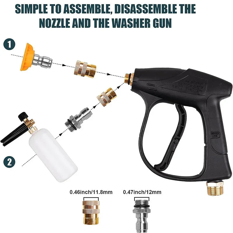 Diagram showing how to assemble and disassemble a foam cannon car wash kit with five metal nozzles and a washer gun.