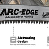 Close-up of an ARC-EDGE pruning saw blade showing features like fleam ground teeth, alternating design, and Japanese tri-edge