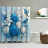 A floral shower curtain featuring blue and white flowers and birds, suitable for a bathroom.