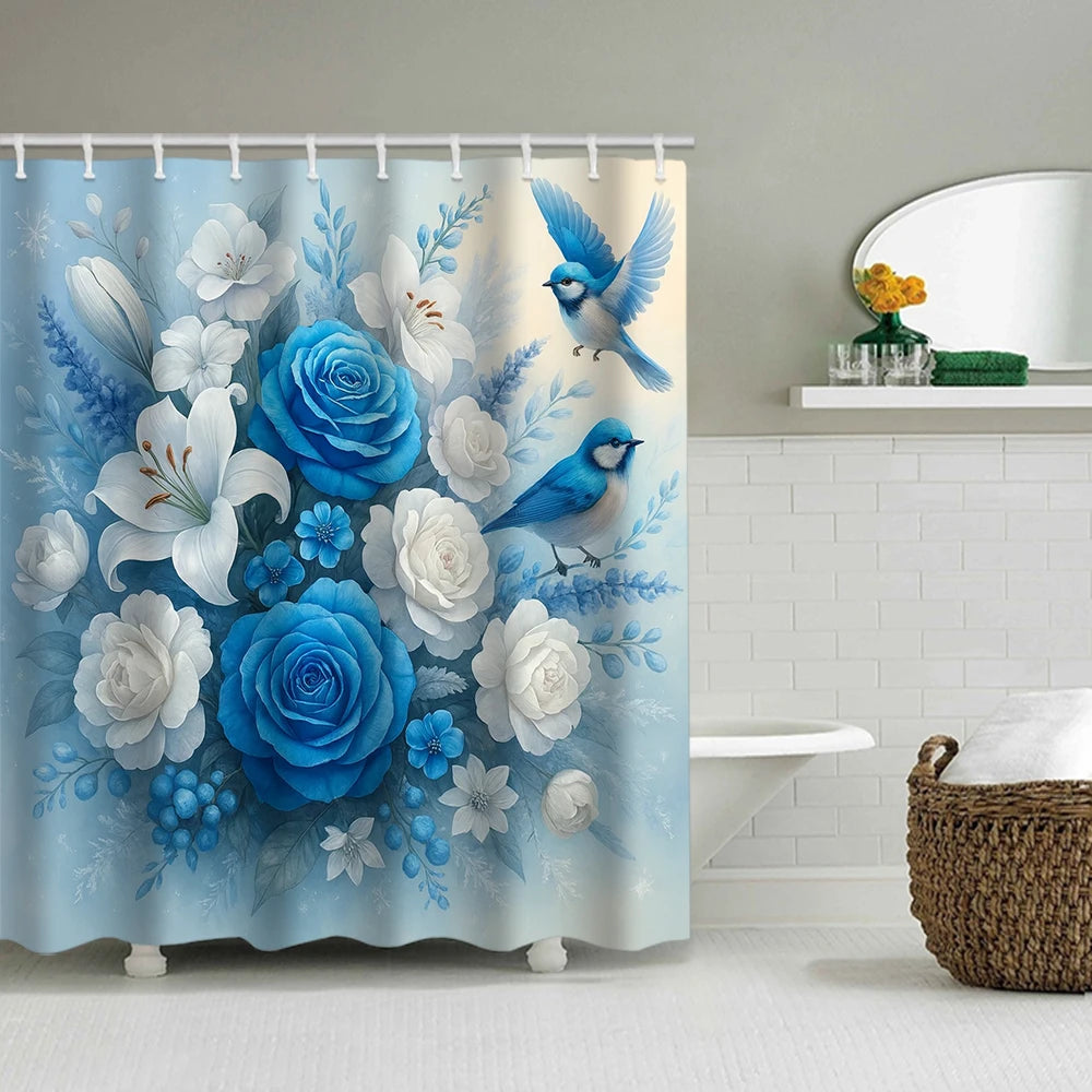 A floral shower curtain featuring blue and white flowers and birds, suitable for a bathroom.